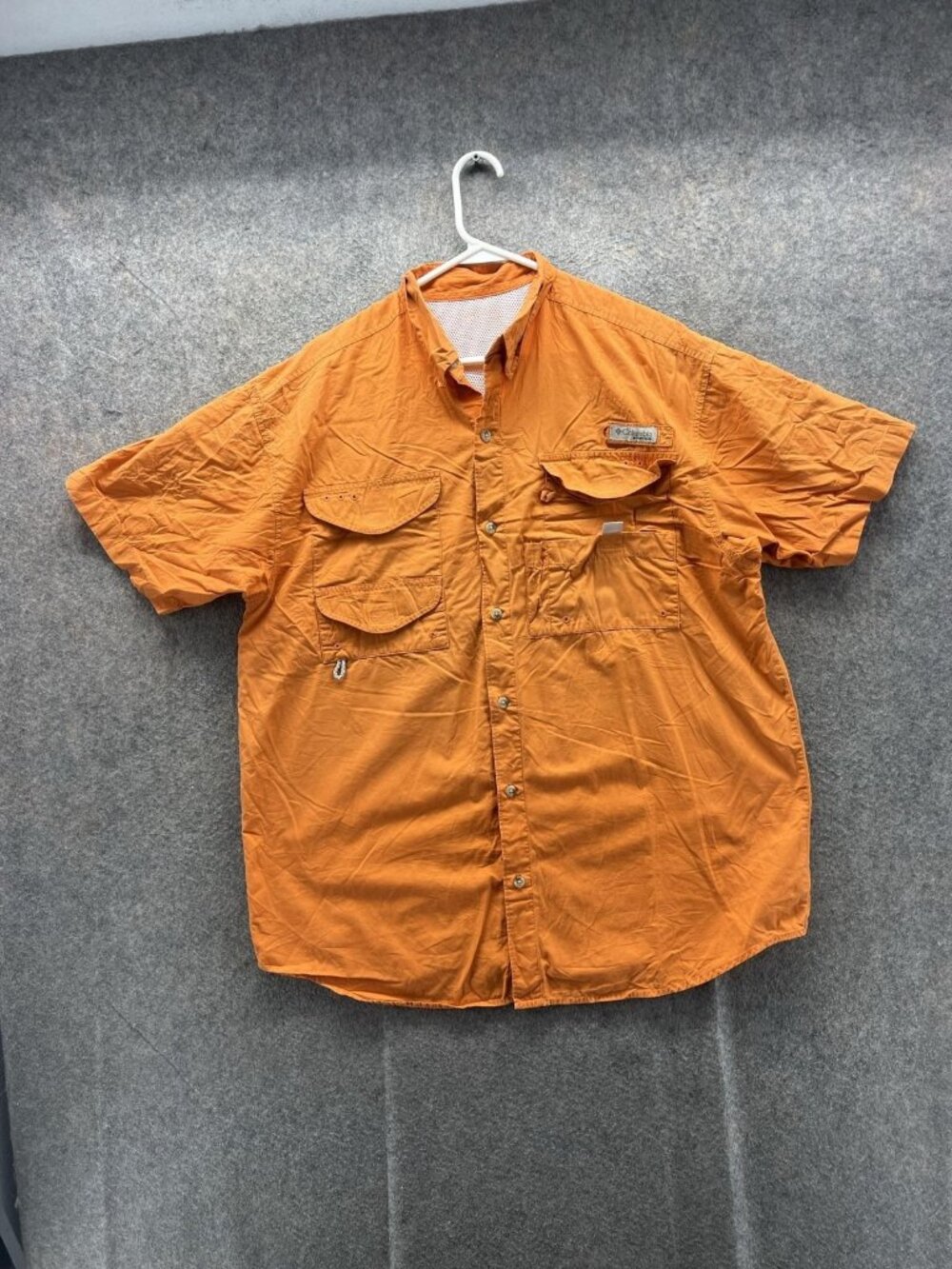 Columbia Shirt Men 2XL Orange Short Sleeve Button Up Fishing Pockets Outdoor